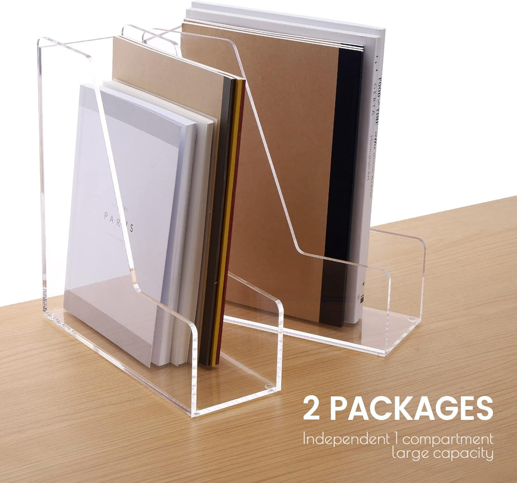Magazine Holder, Clear Acrylic Desk Organizers, File Organizer for Desk, Magazine Rack- Desktop Book Storage -Independent Vertical 1 Space-2 Pack
