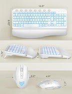 SABLUTE Ergonomic Wireless Keyboard and Mouse Combo - Wave Keyboard with Soft Leather Wrist Rest, Resistant Keys, RGB Backlit Rechargeable Set for PC/Mac/Chromebook (White)