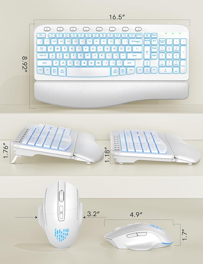 SABLUTE Ergonomic Wireless Keyboard and Mouse Combo - Wave Keyboard with Soft Leather Wrist Rest, Resistant Keys, RGB Backlit Rechargeable Set for PC/Mac/Chromebook (White)