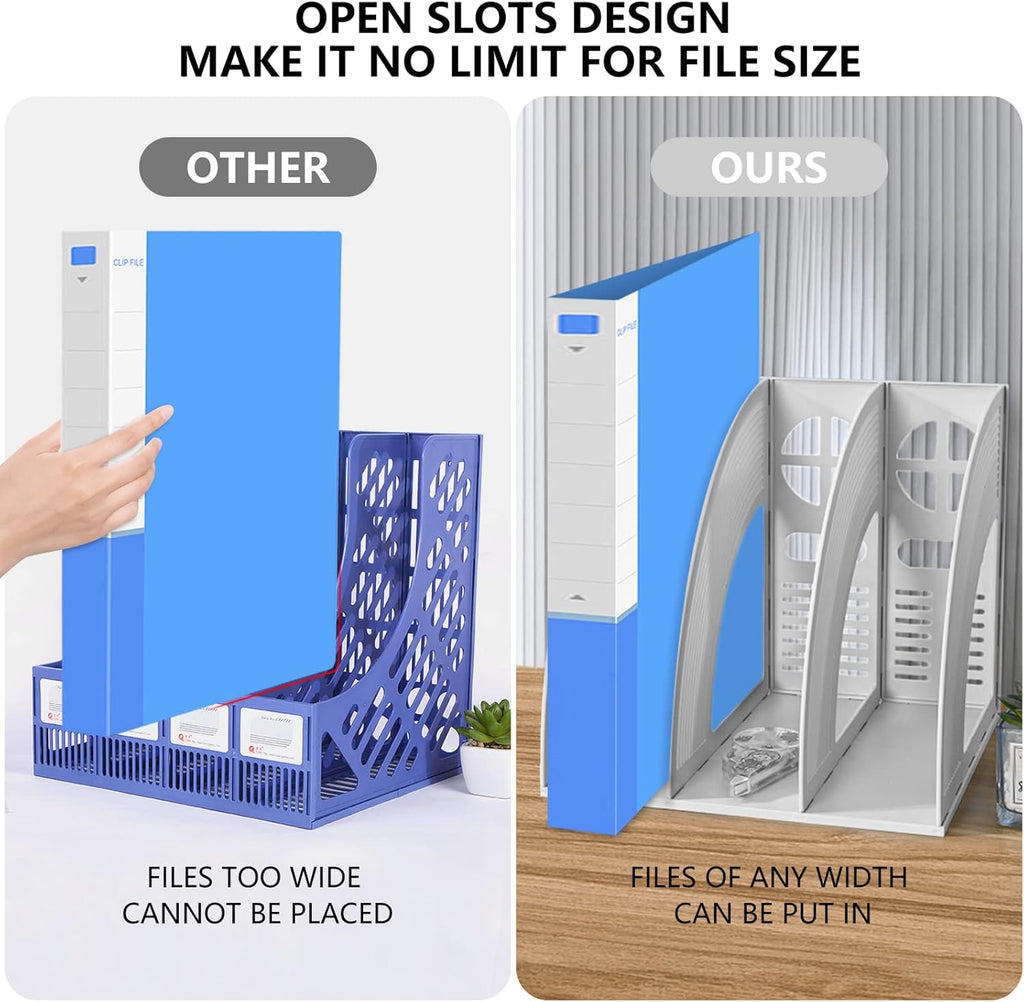 SAYEEC Magazine File Holder Folder Storage Desktop Standing Hollow File Bookshelf Organizer Office Racks Displays Holds Notebooks Documents (3 Compartments - Light Grey x 2)