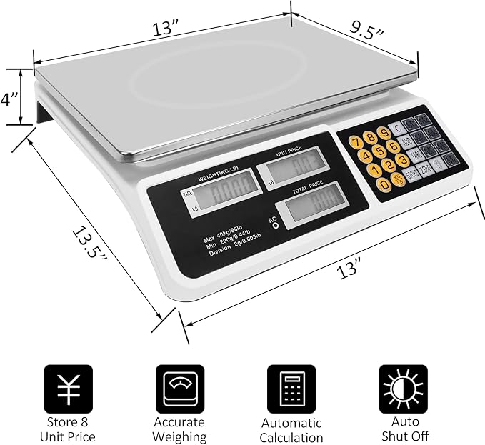 Price Computing Scale 88lb/40kg LCD Digital Commercial Price Scale with Stainless Steel Platform,Produce Scale & Food Scale for Farmers Market, Retail Outlets, Meat Shop (Flat Plate)
