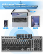 FENIFOX Wireless Keyboard, Bluetooth + USB Ergonomic Silent Quiet Rechargeable with Number Pad Compact Full Size Multi Device Keyboards for iPad Tablet Mac Computer Surface PC MacBook Laptop Blcak