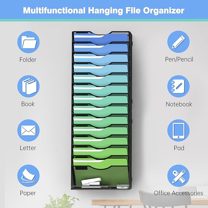 Kuntine.B Wall File Organizer Office Hanging Magazine Holder Wall File Organizer for Office Home (Black, 15 Tier)