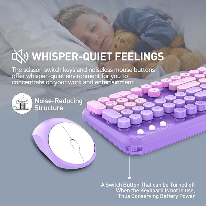 Wireless Keyboard and Mouse Combo, 2.4 GHz Wireless Full-Sized Typewriter Keyboard with Round Keycaps for Windows, Computer, Desktop, PC, Laptop (Purple)