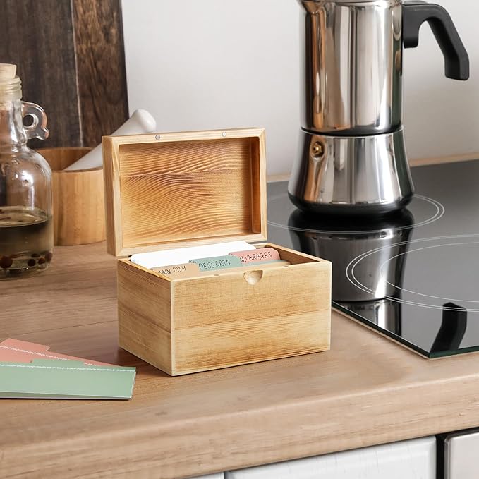 DRASTAR Wooden Index Card Organizer, 3x5 Index Card Box with 45 Dividers, Flashcard Notecard Holders for Home Office, Brown