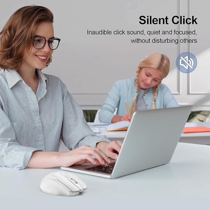 TECKNET Wireless Mouse (BT5.0/3.0 & 2.4G) Rechargeable 4800 DPI Silent USB A & Bluetooth Mouse 6 Buttons, Wide Compatibility - White