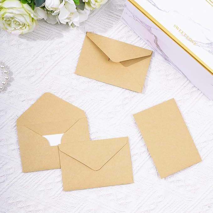 jiebor 100 Sets Small Kraft Envelopes with Small Blank Gift Business Card Wedding Invitation Pocket Envelopes for Graduations Wedding Shower Holiday 4.37 x 2.91 Inch Brown