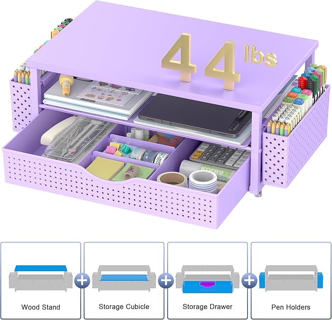 Desk Organizer and Accessories, Computer Monitor Stand Riser with Drawer and 2 Pen Holders, Office Desk Accessories & Workspace Organizers for Office Supplies (Purple)