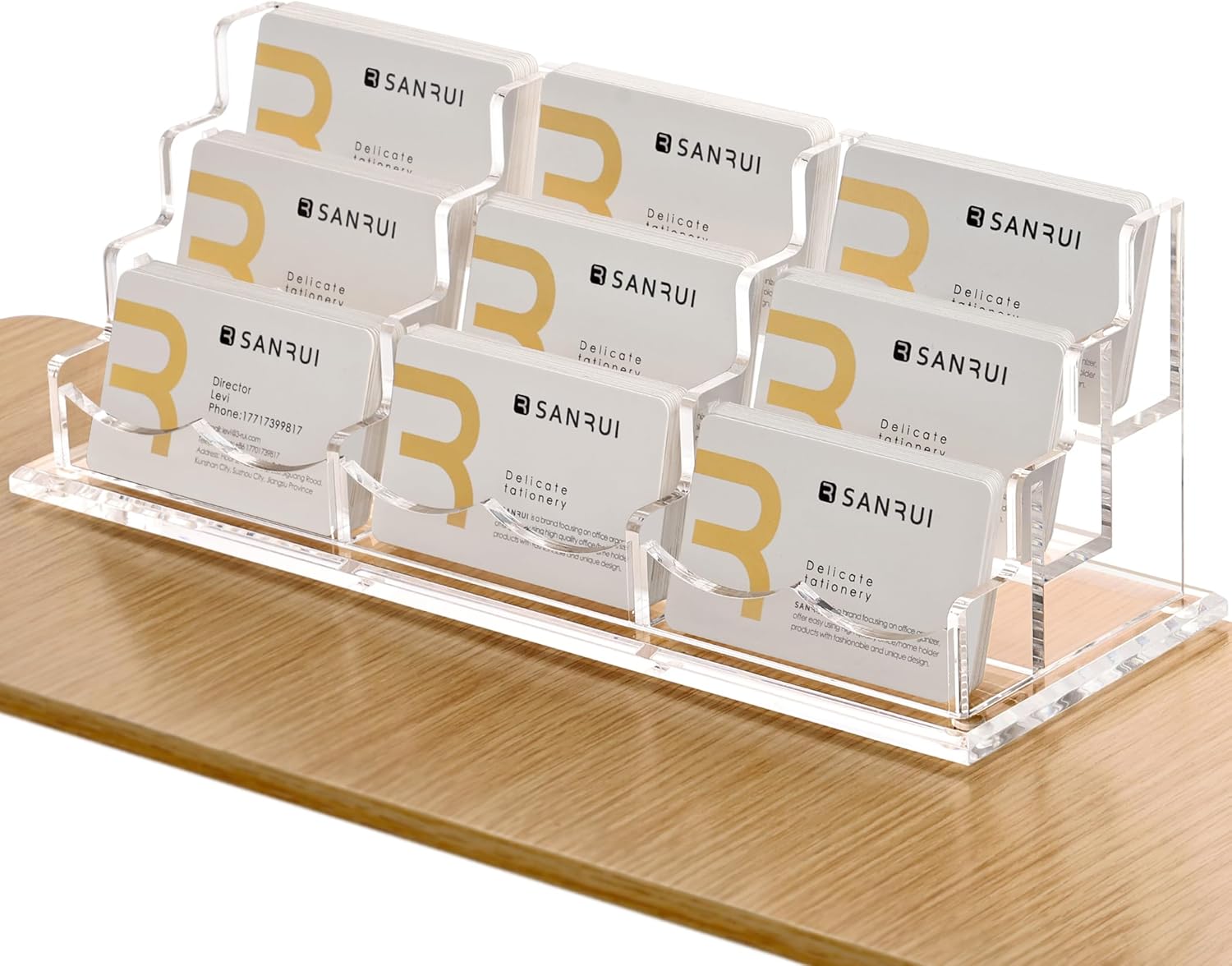 SANRUI Clear Horizontal Business Card Holder Stand for Desk, Acrylic Desktop Display Name Cards Holders Organizer Storage Rack,for Exhibition, Home , Office ,3 Tier 9 Pocket , 540 Card Capacity