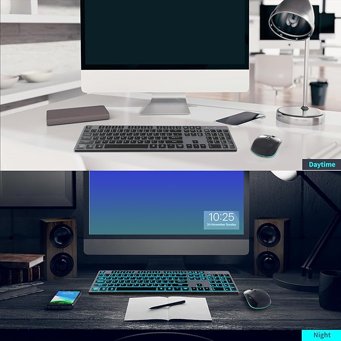 Backlit Wireless Keyboard and Mouse, Rechargeable Quiet Wireless Keyboard Mouse Combo, Jiggle Mouse, 2.4G Cordless USB Keyboard Slim Full Size for Apple iMac, MacBook, laptop and PC, Space Gray