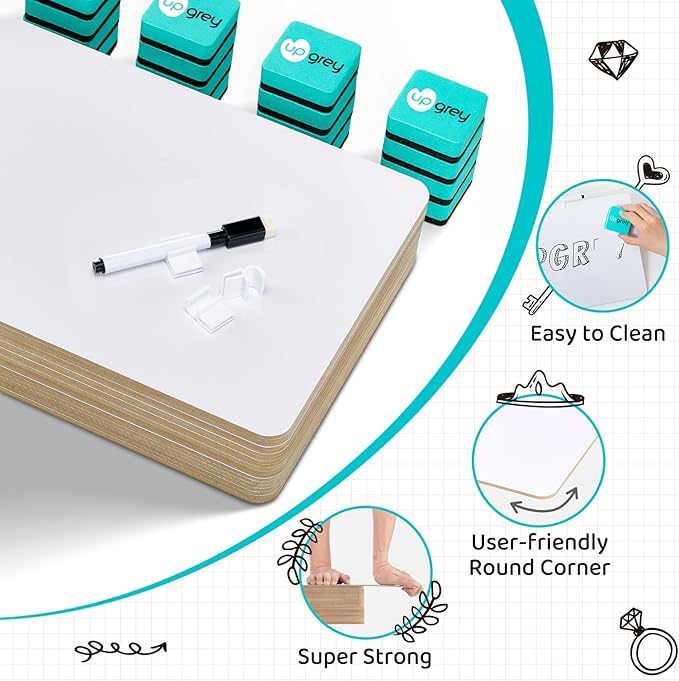 Dry Erase Lapboards 32 Pack, Double-Sided Small White Board for Classroom Student, 9"x12" Portable Dry Erase Board Bulk, Mini Whiteboard with 36 Pens, 36 Erasers & 36 Pen Holders, for Teacher Supplies