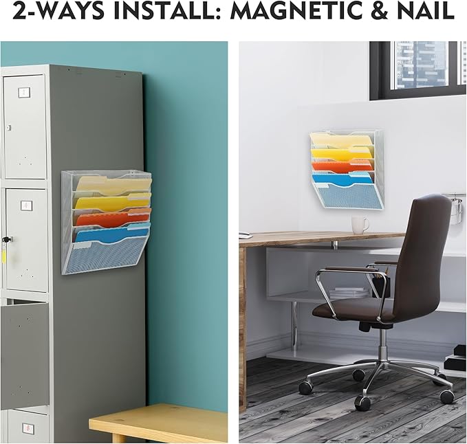 EASEPRES Magnetic 5 Pocket Mesh Hanging File Organizer, Wall Mounted Mail Paper Document Folder Holder, Clipboard Storage Organization Magazine Rack with Nametag Label for Office Home School, White