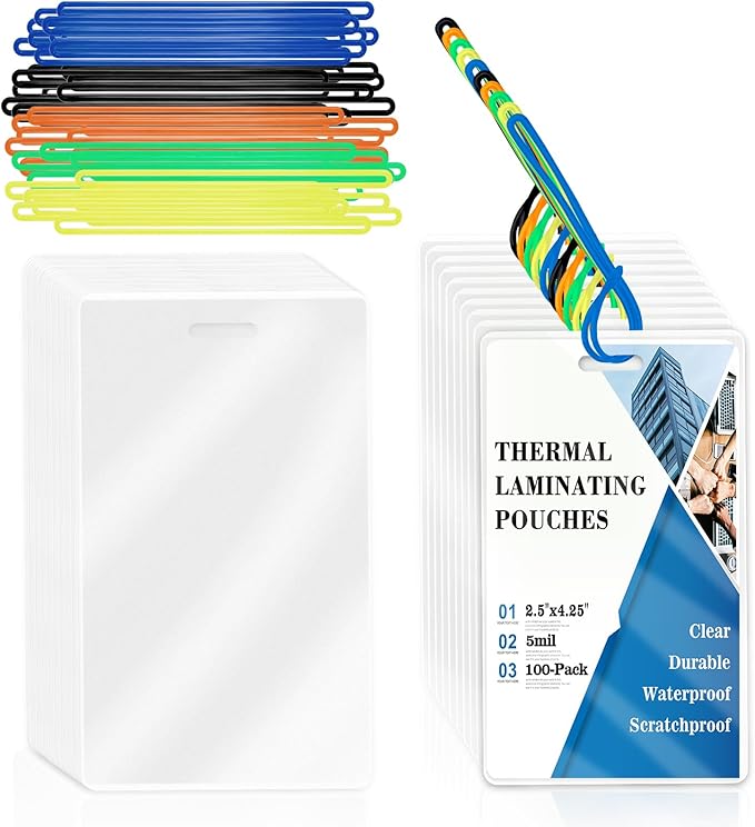100 Pack 5 Mil Laminating Pouch with Colorful Loop 2 1/2" x 4 1/4" Luggage Tag Laminating Pouches with Slot Hole Thermal Laminate Pouch Tags Kit Resealable for Work Permits Pass Cards Student ID Cards
