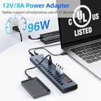 Powered USB Hub 10Gbps, 17 Ports 96W USB 3.2 Hub(10 USB-A 3.2 Ports+3 QC 24W Fast Charging Ports+2 USB-C 3.2 Ports+SD/TF Card Reader), 12V/8A Power Adapter for Laptop, PC, Computer, HDD,Flash Drive