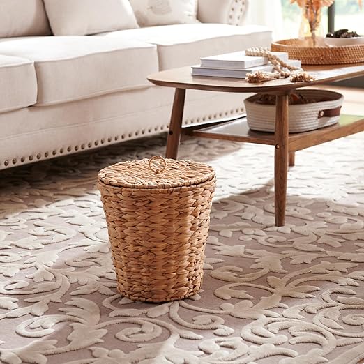 YANGQIHOME Wicker Trash Can with Lid, Water Hyacinth Garbage Can, Handwoven Wicker Waste Basket in Bathroom, Bedroom, Office, Living Room, Laundry Room, Blanket Basket 3.8 Gallon