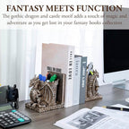 MyGift Gothic Brown Resin Dragon Guarding Castle Pencil Cup Bookends, Office Desk Book Ends with Decorative Fantasy Dragons and Stone Tower Pen Holders, 1 Pair