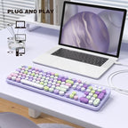 MOFII Colorful Computer Keyboard Wired, Cute Full Size Keyboard Typewriter Style, USB Keyboard with Foldable Stands for Windows, Laptop, Desktop, PC (Purple Colorful)