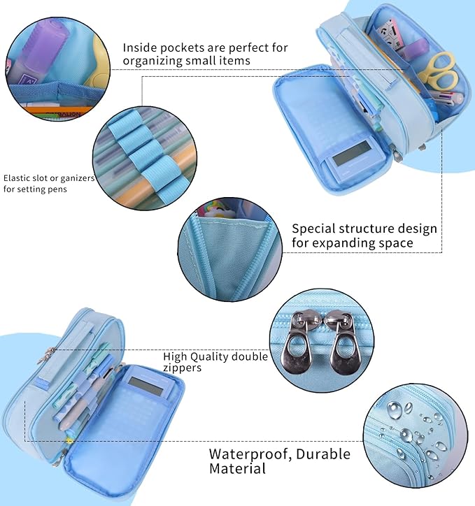 Pencil Case Pen Bag Holder Pouch Large Handle Big Capacity Desk Organizer Storage Marker Box Stationary Makeup Cosmetic Double Zippers for School Office Students Teen