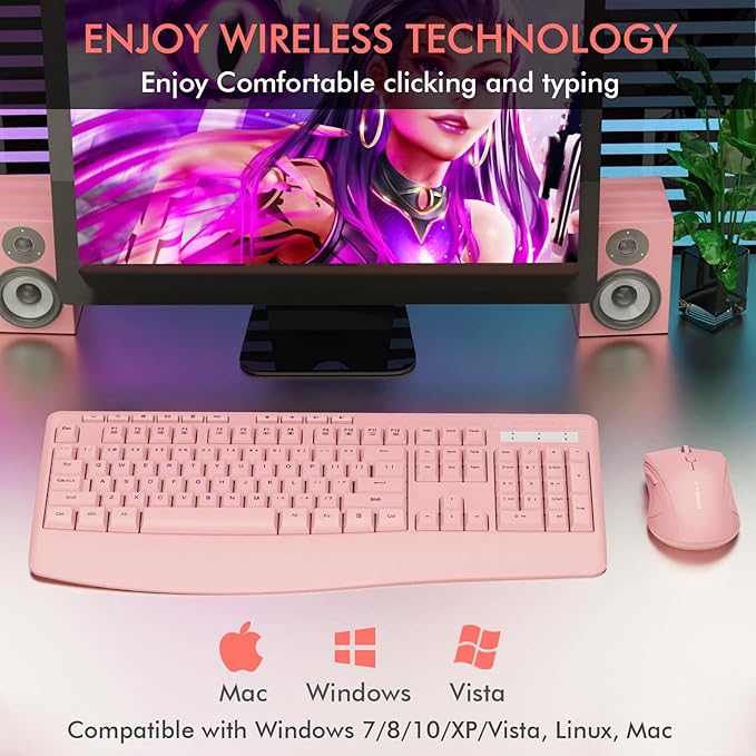 Wireless Keyboard and Mouse Combo, E-YOOSO 2.4GHz Full Sized Ergonomic Wireless Keyboard with Wrist Rest, 3 DPI Adjustable and 6 Buttons Cordless USB Mouse for Computer, Laptop, PC, Windows (Pink)