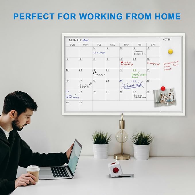 Comix Dry Erase Calendar Whiteboard for Wall,Magnetic Dry Erase White Board with White Wood Frame, 36 * 24 inches Decorative Planner Board for Office, Kitchen, School, Home