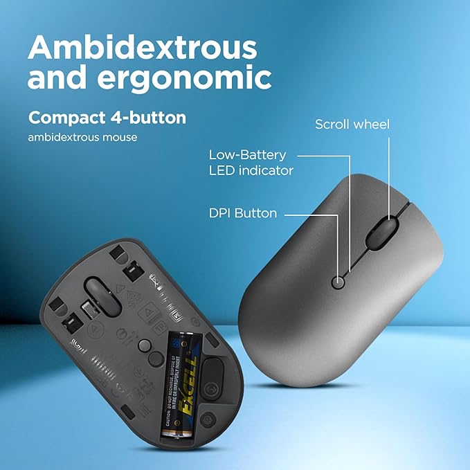 Lenovo 540 Wireless Computer Mouse for PC, Laptop, Computer with Windows or Chrome OS - 2.4 GHz USB-C Wireless Pairing Receiver - Compact Size - 18-Months Battery Life - Ambidextrous - Storm Grey