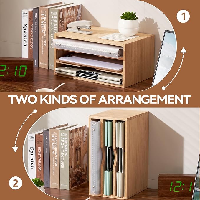 KIRIGEN Wooden Desktop Organizer Paper Storage Letter Tray File Sorter - Desk Rack Magazine File Dividers Holders for Home Office Accessories Wood Desk Cabinet with 3 Layer Trays Natural(3KWJG-NA)
