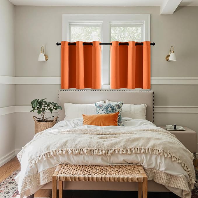 MIULEE Short Fall Curtains for Windows - Orange Blackout Half Window Curtains Thermal Insulated Privacy Drapes for Kitchen Bedroom Bathroom Grommet Top Small Basement Tiers W40 x L36 Inch 2 Panels