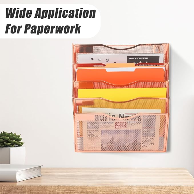 EASEPRES 5 Pocket Mesh Hanging Wall File Organizer, Wall Mounted Mail Paper Document Folder Holder, Clipboard Storage Organization Magazine Rack with Nametag Label for Office Home School, Rose Gold