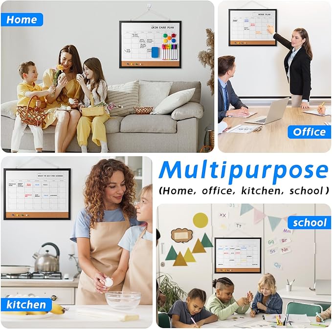 Dry Erase Calendar Whiteboard, 17" x 13" Magnetic Whiteboard Cork Board Combo, Reusable Monthly Planner with 8 Markers, Eraser, Magnets and Pushpins, Hanging Dry Erase Board for Home, School - Black