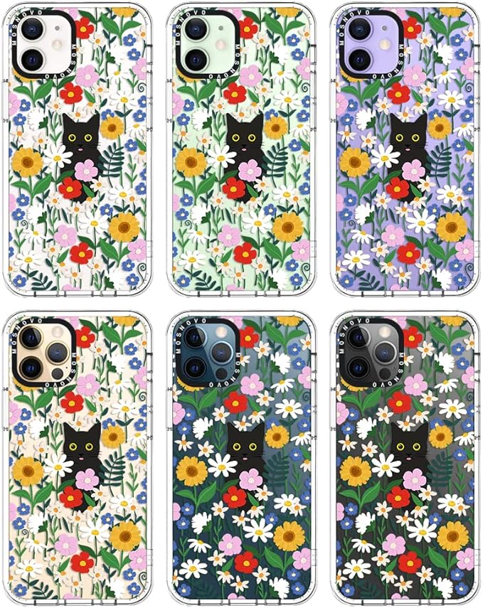 MOSNOVO Case for iPhone 12 & iPhone 12 Pro, [Buffertech 6.6ft Military-Grade Drop Protection] [Anti Peel Off Tech] Clear TPU Bumper Phone Case Cover Design - Black Cat in Garden