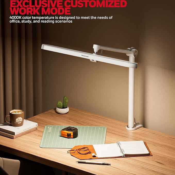 Honeywell LED Desk Lamp with Clamp - 05B02 Sunturalux Clip On Desk Light Eye Caring Natural Light 4000K 1300LM Stepless Brightness Dimmable Table Lamp Full Metal Desk Lamps for Home Office Work Study
