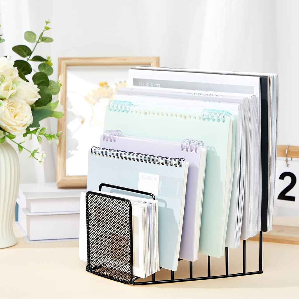 2 Pcs 7 Slot Incline File Sorter Metal Wire Mesh File Racks for Desktop Letter Sorter for Magazine Folder Book Organizer Home Office School Paper Mail Desk Storage Holder (Black)