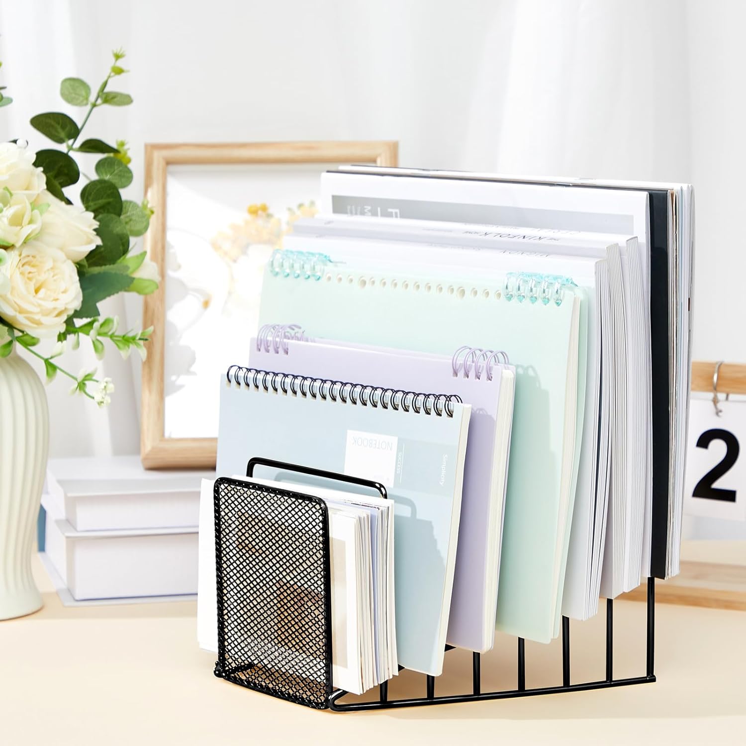2 Pcs 7 Slot Incline File Sorter Metal Wire Mesh File Racks for Desktop Letter Sorter for Magazine Folder Book Organizer Home Office School Paper Mail Desk Storage Holder (Black)