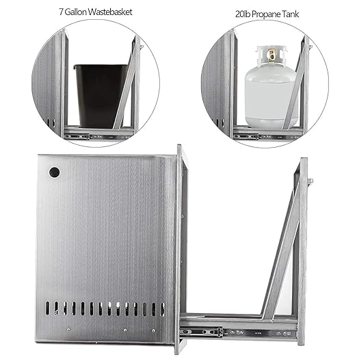 Pull-Out Trash Drawer Stainless Steel Outdoor Kitchen Trash Drawer Storage for Two 10 Gallon Commercial Wastebaskets (W/handle-17x23x16)