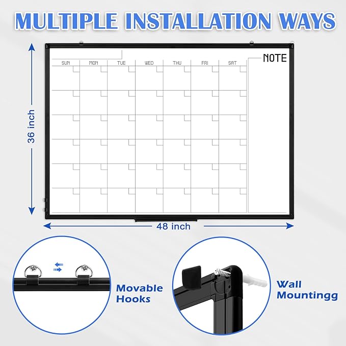 WALGLASS Dry Erase Calendar Whiteboard, 48" x 36" Monthly Large Dry Erase Calendar for Wall, Double-Sided Hanging White Board with Black Aluminum Frame for Home, School, Office, Kitchen