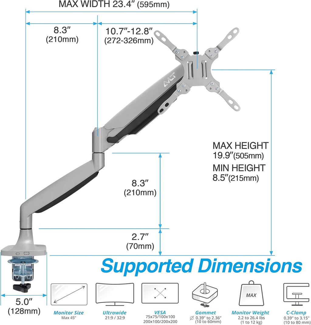 AVLT Single 17"-45" Monitor Arm Desk Mount Premium Mechanical Spring fits One Flat/Curved/Ultrawide Monitor Full Motion Height Swivel Tilt Rotation Adjustable, Gray