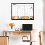 Dry Erase Calendar Board for Wall, 24"x18" Magnetic Whiteboard Calendar Double-Sided Monthly White Board with Cork Board, Black Aluminum Frame Memo Message Board for Office, Home, School