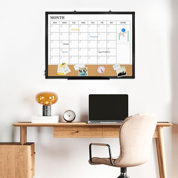 Dry Erase Calendar Board for Wall, 24"x18" Magnetic Whiteboard Calendar Double-Sided Monthly White Board with Cork Board, Black Aluminum Frame Memo Message Board for Office, Home, School