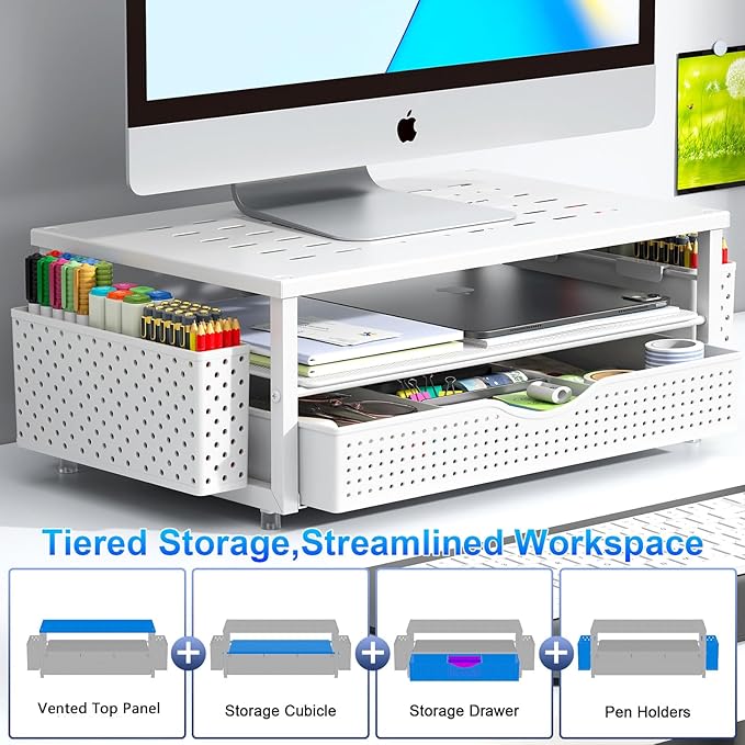 gianotter Desk Organizers and Accessories, Monitor Stand with Drawer and 2 Pen Holder, Desktop Organizer Suitable for Offices and Dormitories (White)