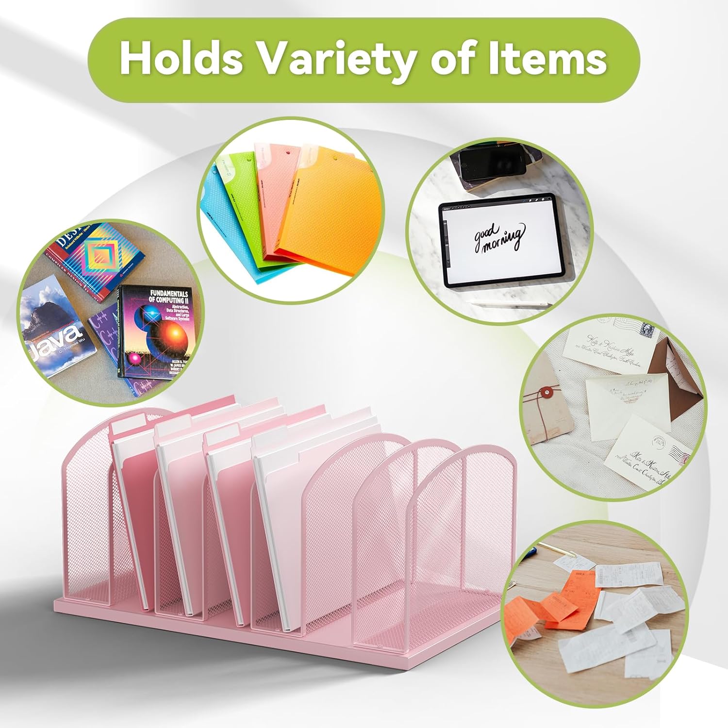 Desk File Organizer Vertical 7 Sections Mesh File Sorter Paper Storage Organizer for Desk, Office Organization File Holder Rack,Pink
