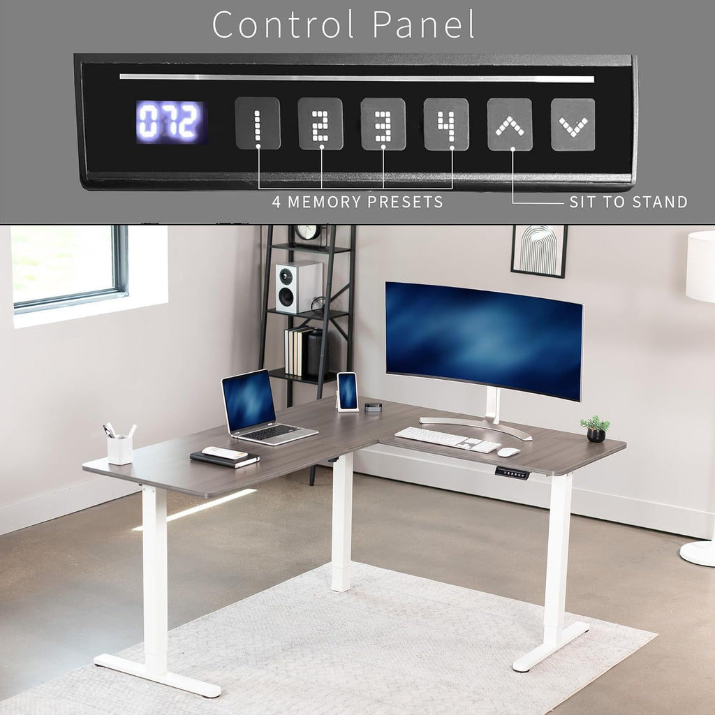 VIVO Electric Corner L-Shaped 63 x 55 in Standing Desk, Memory Height Adjustment, Dark Gray Top White Frame, DESK-E3CTWG