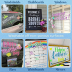 Liquid chalk markers washable, erasable, dry or wet erase. 6 neon markers for whiteboards, glass boards, mirrors, chalkboards, windows, car windshields, glass. Non-toxic, reverse tip pens