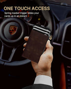 typecase Mens Wallet Card Holder: Pop Up Aluminum Case, Genuine Leather, Smart, RFID Blocking, Slim, Minimalist, Front Pocket - 9-14 Card Capacity | ID Window | Cash Slot - Oil Wax Brown