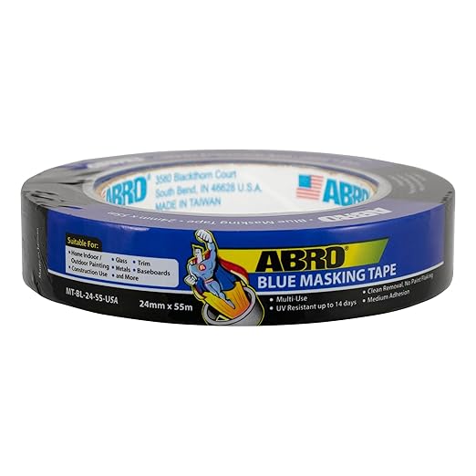 ABRO Blue Painters Tape 1 Inch Wide, 24mm x 55M, All Purpose Blue Tape, Temporary Labeling, Easy Tear, Clean Removal, Masking Tape Colored DIY or Pro