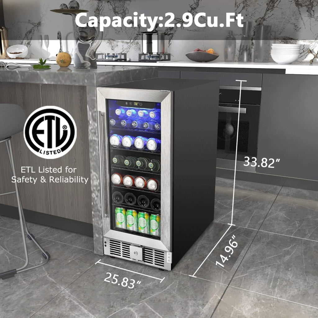 COWSAR Wine Fridge 15inch Beverage Refrigerator 2.9 Cu.Ft. Freestanding or Under Counter Cooler Stainless Steel Beer Fridge Mini ETL Approved