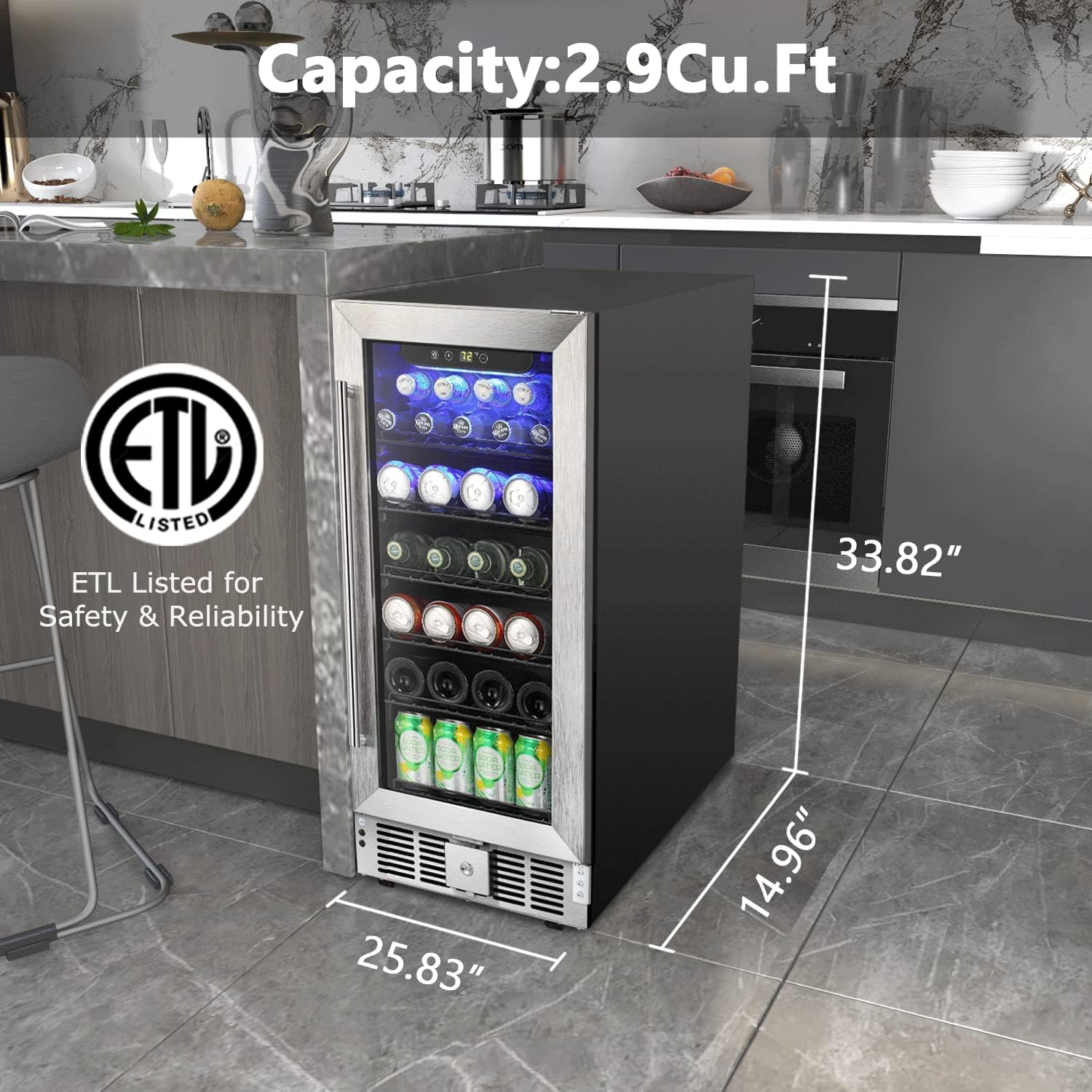 COWSAR Wine Fridge 15inch Beverage Refrigerator 2.9 Cu.Ft. Freestanding or Under Counter Cooler Stainless Steel Beer Fridge Mini ETL Approved