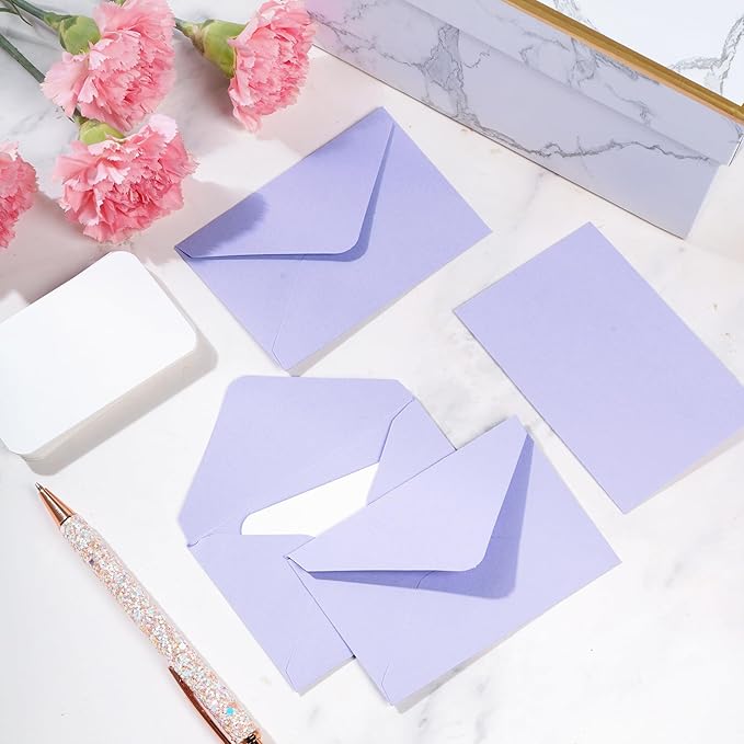 jiebor 100 Sets Small Envelopes with Small Blank Gift Business Card Wedding Invitation Pocket Envelopes for Graduations Wedding Shower Holiday 4.37 x 2.91 Inch Purple