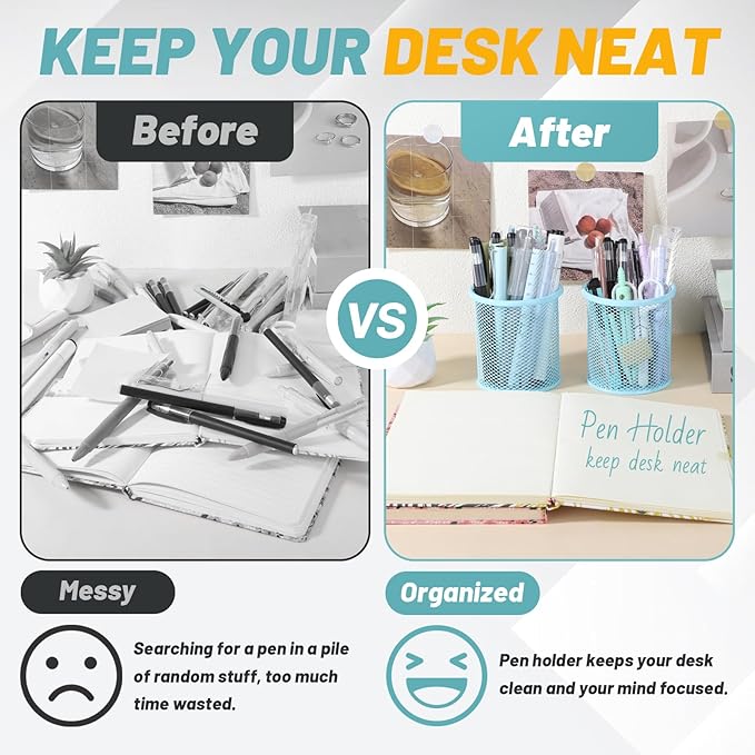 Segarty Pencil Holder, 3 Pack Light Blue Pen Holder, Pencils Cups for Desk, Round Mesh Pens Container Organizer for Office Supplies, School Classroom, Makeup Brush, Home Storage