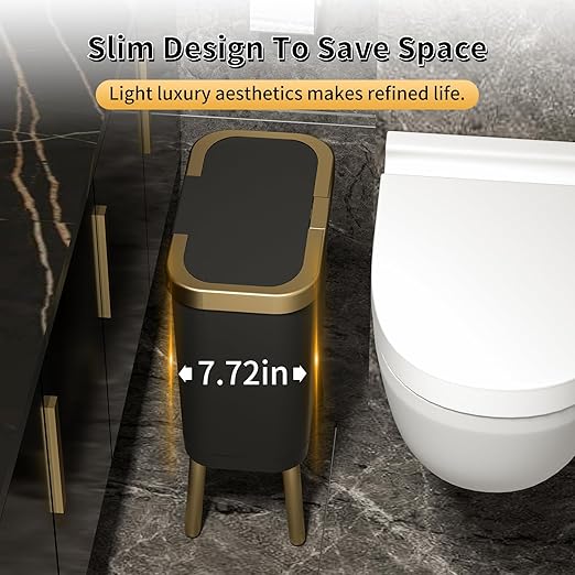 Procade 2Pack Office Trash Can with Lid, 4 Gallon Gold Trash Can Bathroom, Black Garbage Can with Push Button, Narrow Garbage Bin Waste Basket for Bedroom, Kitchen, Toilet