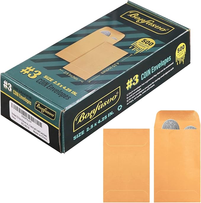 500 Pack #3 Brown coin envelope 2.5 x 4.25 inches Kraft Envelopes Classic Small Parts Envelopes with Self Adhesive Gummed Flap for Coins Cash Credit Cards Seeds